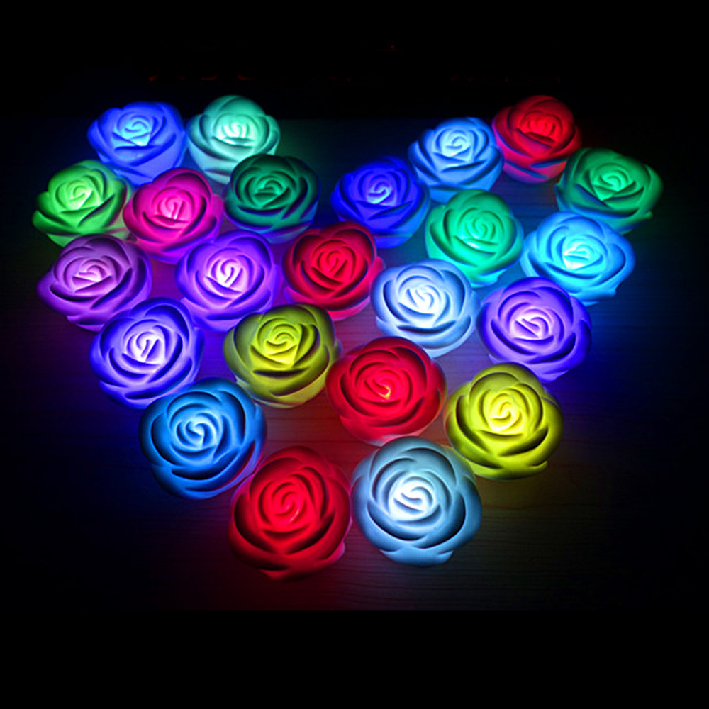 200pcs/lot romantic 7 color changing rose flower led night light for party decoration atmosphere lamp batteries included