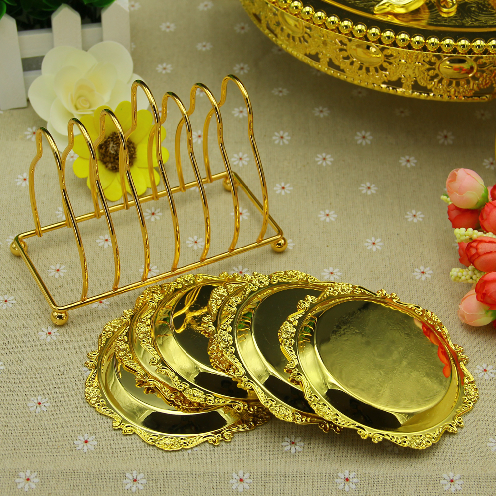 engraved embossed zinc alloy metal round coffee/tea cup pad mat with wire rack holder tableware dishware set