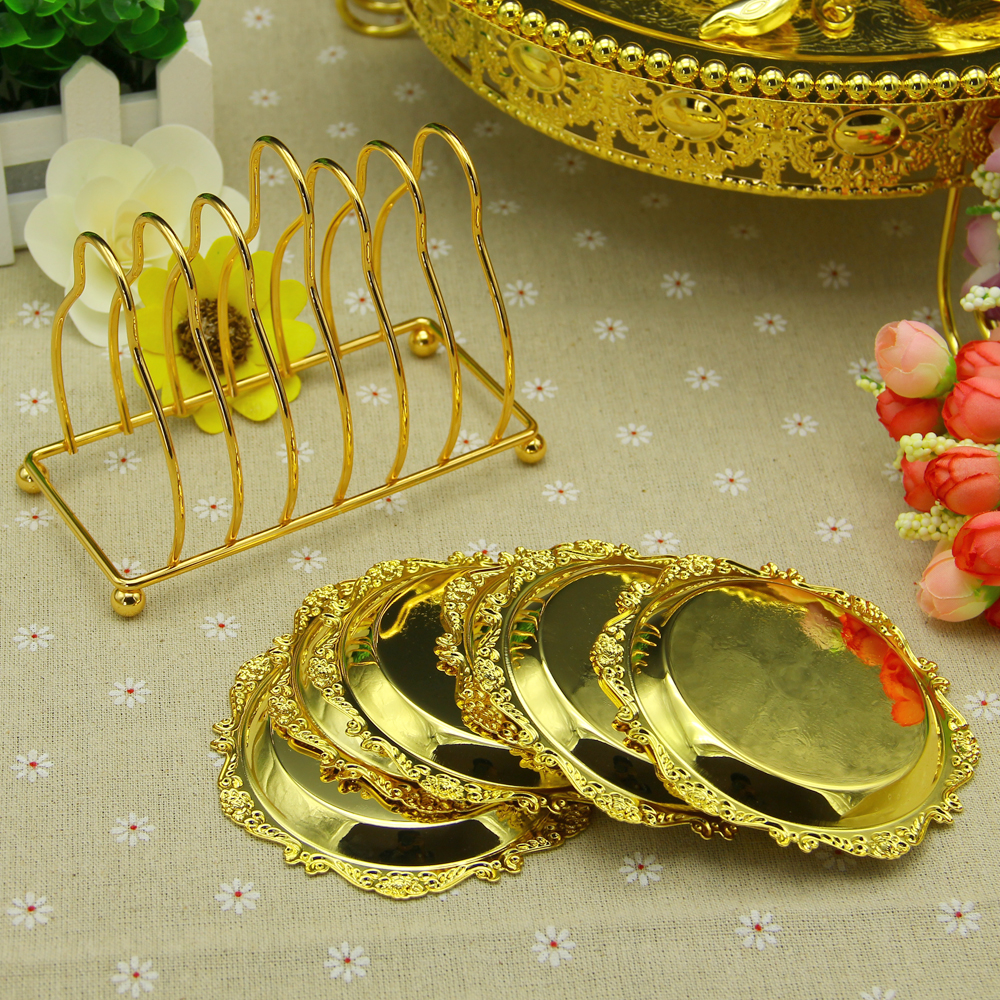 engraved embossed zinc alloy metal round coffee/tea cup pad mat with wire rack holder tableware dishware set