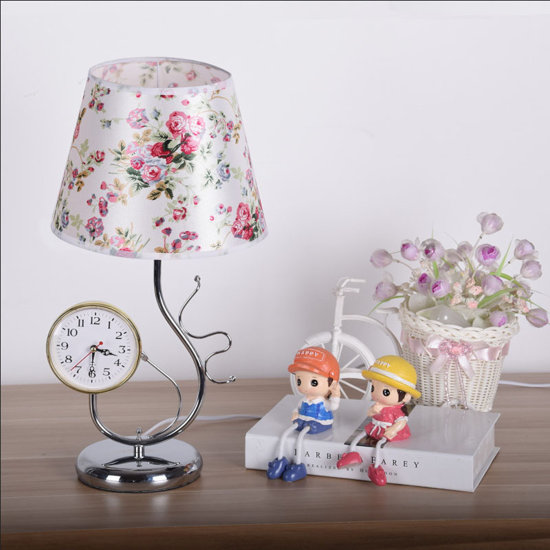 princess table lamp with clock for living room bedroom with white lampshade stainless rod modern reading lamp desk light