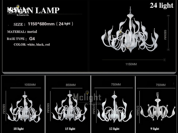 selling simple fashion 15 lights swan pendant light modern lamp lighting fixture white black red for villa hall pub