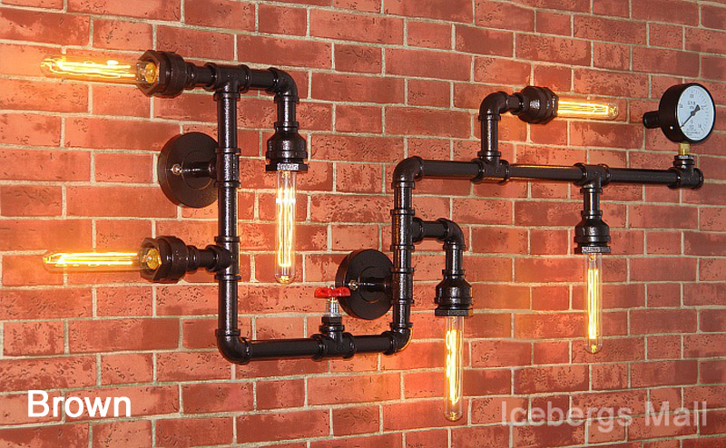 6 lights loft vintage aisle water pipe wall lamp,bar restaurant rh iron industrial pipes wall lights,e27 edison bulb,black/brown