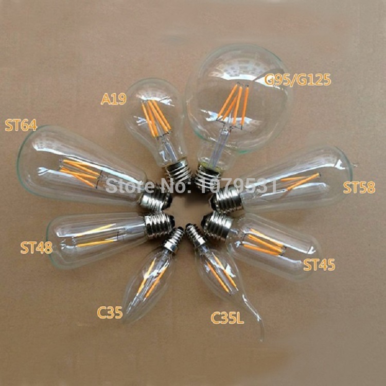 e27 led filament edison bulb indoor led clear glass bulb t45,st58,st64,a19,g80,g95,g125 2w/3w/4w bombillas led ac110-220v