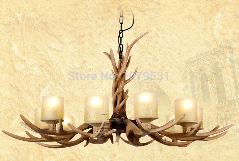 europe country 10 heads chandelier american retro lamps resin deer horn antler glass lampshade art decoration, e27 110-220v