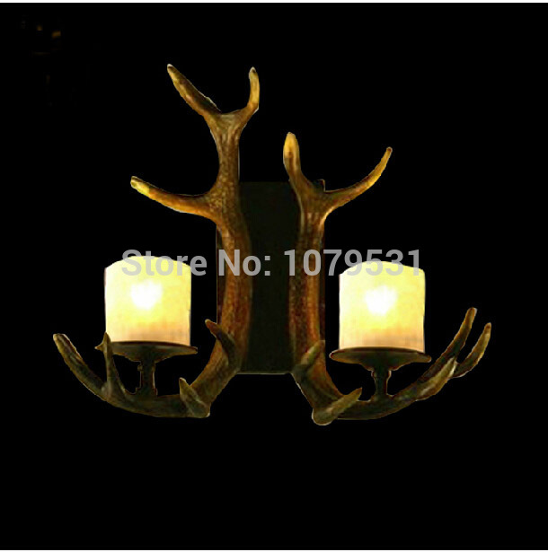europe country 2 heads american retro wall lamps fixture resin deer horn antler glass lampshade decoration, e27 110-220v