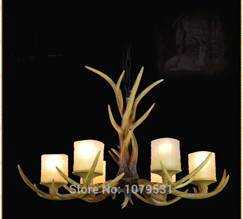 europe country 6/8/10 heads american retro pendant lamps fixture resin deer horn antler glass lampshade decoration, e27 110-220v