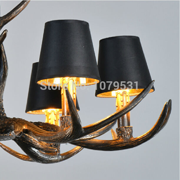 europe country 6/8/10 heads american retro pendant light fixture resin deer horn antler black lampshade pendant lamp, e14