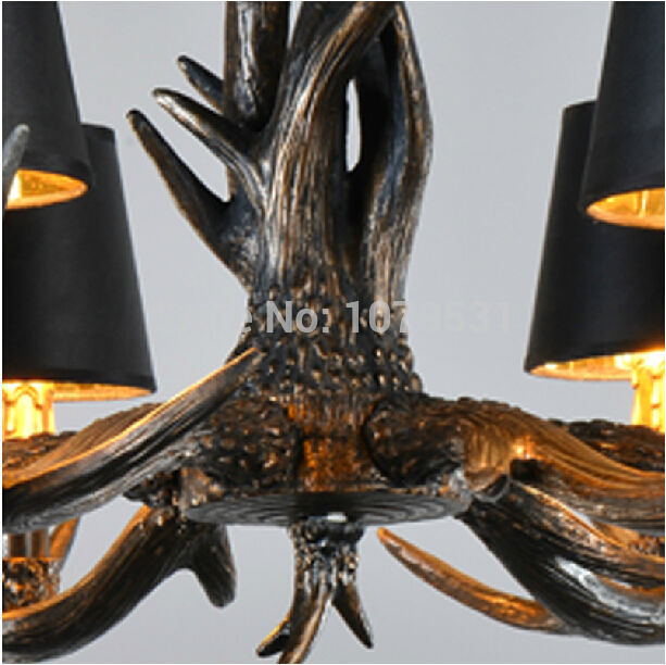 europe country 6/8/10 heads american retro pendant light fixture resin deer horn antler black lampshade pendant lamp, e14