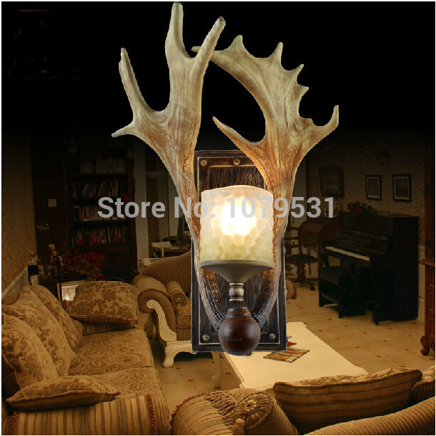 europe country american retro wall lamps fixture resin deer horn antler glass lampshade decoration wall lamp, e27 110-220v
