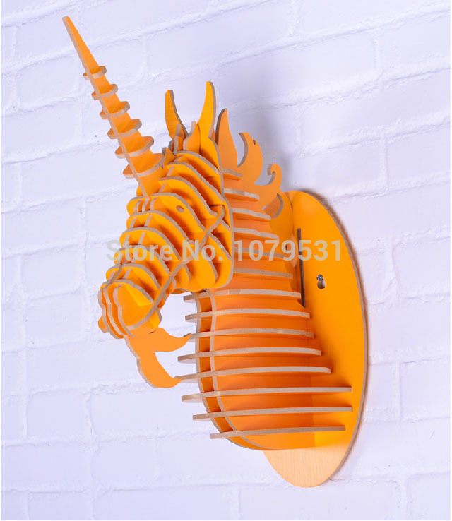 europe style diy wooden unicorn head wood crafts home decor,creative carved animal head ornament
