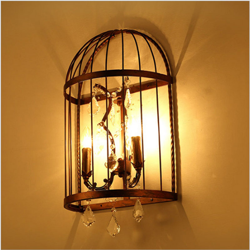 nordic birdcage crystal wall lights iron cage home decor american vintage industrial lamp retro lamparas colgantes e14