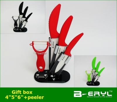 BERYL 5pcs set , 4"+5"+6"+peeler+Knife holder Ceramic Knife sets with color box, 3 colors, Curve handle,White blade [Knife set with stand 65|]