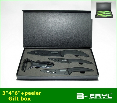 BERYL 5pcs gift set of knives, Black Ceramic Knife sets 3"4"6"kitchen knives+ceramic peeler+Gift box 2 colors Curve handle