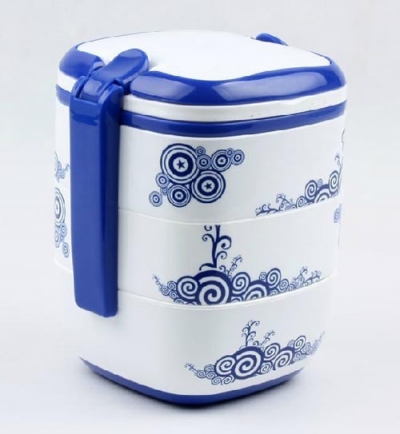 Fashion Blue And White Three Layer PP Plastic Lunch Box 14*14*19.5CM Food Container Microwave Oven