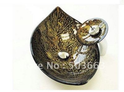 Great Gold leaf Vessel Washbasin Tempered Glass Sink combine Brass Faucet CM0119