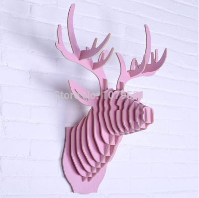 [pink] deer head wall hanging home decoration of wooden crafts,animal head wall decor ,carved wood art,elk decoration