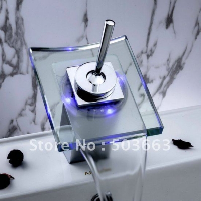 Free Ship Waterfall LED Brass Faucet Big Spout Bathroom Mixer Tap Chrome Finish 3 Colors YS 9878