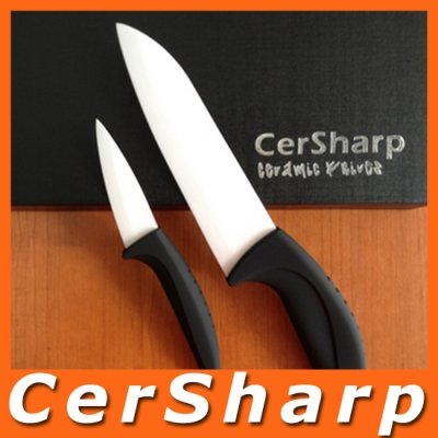 High quality 2pcs ceramic knife set 3" 6" white blade black curved ABS TPR handle #CS001