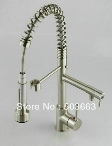 New Brushed Nickle Brass Kitchen Faucet Basin Sink Swivel 2 Water Jets Spray Mixer Tap S-806