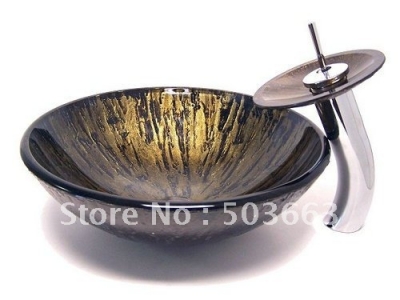 Small gold mountain Vessel Washbasin Tempered Glass Sink Brass Faucet Set CM0110
