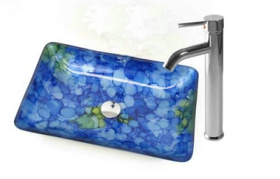 Blue petals nice Vessel Washbasin Tempered Glass Sink With Brass Faucet CM0111 [Glass Lavatory Basin Set 1339|]