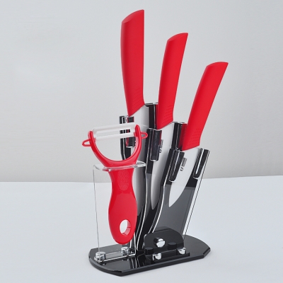 Kitchen 3" 4" 5" inch Red Handle Paring Fruit Utility Ceramic Knife Set + Peeler + Holder Free Shipping