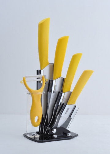 U TimHome Brand 3" 4" 5" 6" inch Yellow Handle Paring Fruit Kitchen Chef Ceramic Knife Set + Peeler + Holder Free Shipping