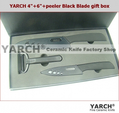 YARCH 4pcs gift set, kitchen accessories with Black Blade Ceramic Knife sets,ceramic knives 4"+6"+peeler + gift box