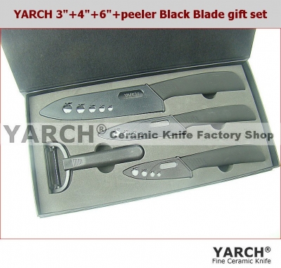 YARCH 5pcs gift set ,3"+4"+6"+peeler+gift box ,Black Blade Ceramic Knife sets,ceramic knives,Straight handle [Black blade Ceramic Knife 11|]