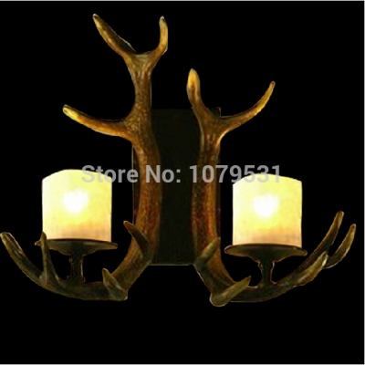europe country 2 heads american retro wall lamps fixture resin deer horn antler glass lampshade decoration, e27 110-220v [wooden-type-lamps-7580]