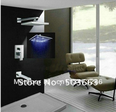 8" LED Rainfall Shower head+ Arm + Wall Spout+Valve Shower Faucet Set CM0638