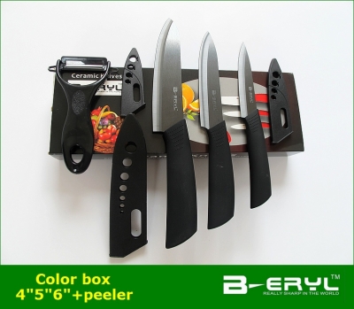 BERYL 4pcs set , 456 kitchen knives+peeler+color box,Ceramic Knife sets 2 colors ABS handle,BLACK blade