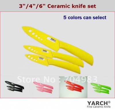 YARCH 3PCS/set , 3 "/4 "/6 " Ceramic Knife sets with Scabbard+Retail package, 5 colors straight handle select,CE FDA certified