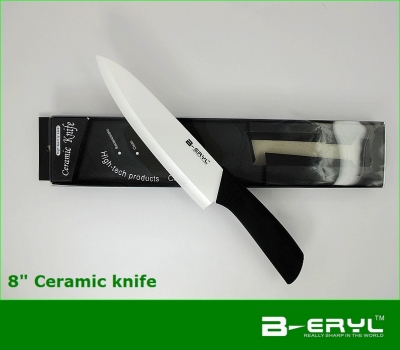 BERYL ceramic kitchen knives 8" chef the ceramic knife + retail box,black ABS Straight handle White blade 1PCS/lot