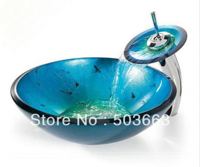 Blue Color VICTORY BROWN TERMEPED GLASS SINK WITH BRASS FAUCET Lavatory Basin Set M5640 [Glass Lavatory Basin Set 1295|]