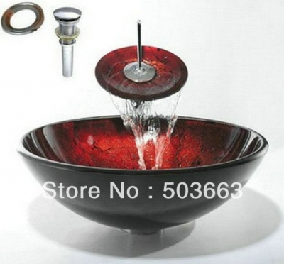 Victory Black-Red Vessel Washbasin Tempered Glass Sink With Brass Faucet CM0115 [Glass Lavatory Basin Set 1244|]
