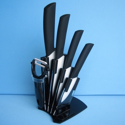 3" 4" 5" 6" inch Aantiskid Handle Paring Fruit Utility Chef Ceramic kitchen Knife Sets,4knives+1holder+1Peeler,color black