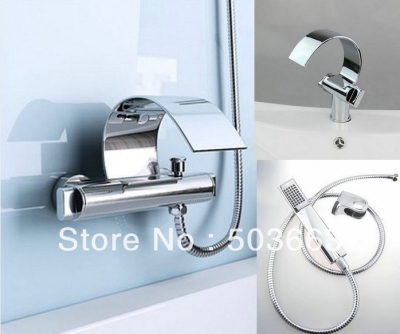 Double Handle Chrome Wall Mounted Bath Faucet+Bathroom Basin Waterfall Faucet Shower Faucet Sink Faucet Set Mixer Tap S-080