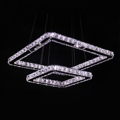modern led pendant light crystal 2 square rings 90-265v stainless steel crystal pendant lamp for dinning room store light