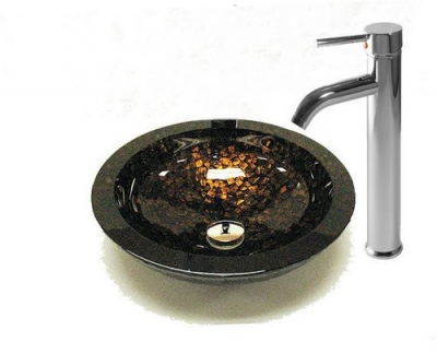 Black block Vessel Washbasin Tempered Glass Sink combine Brass Faucet CM0104