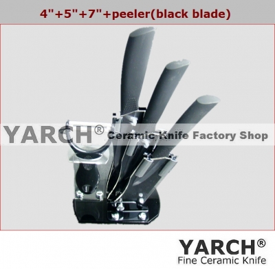 YARCH 5pcs gift set , 4 inch+5 inch+7 inch+peeler + holder Ceramic Knife sets ,black ABS handle black blade, CE FDA certified