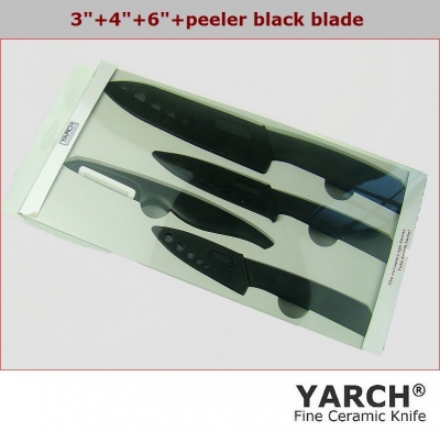 YARCH Simple packaging 4pcs set ,3"+4"+6"+peeler+ box ,Black Blade Ceramic Knife sets,ceramic knives,Straight handle