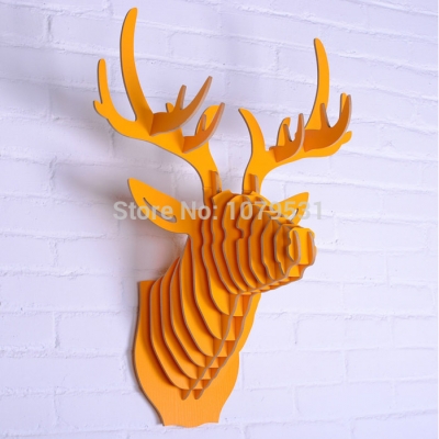 orange color deer head wall hanging home decoration of wooden crafts,wood carving animal head wall decor,folk art elk decoration [wall-decoration-7653]