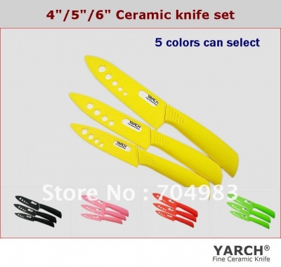 YARCH 3PCS/set , 4"/5"/6" Ceramic Knife sets with Scabbard+Retail box, 5 colors ABS Straight handle select,CE FDA certified