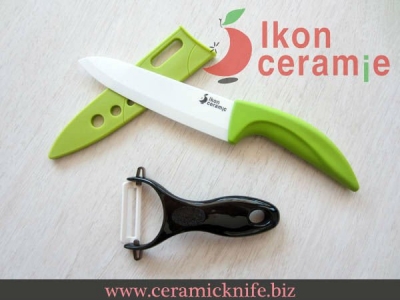 6" Ikon Ceramic Knife/Chef's Knife/Utility Knife,white blade with scabbard,green U-curved handle+Free Peeler(Free Shipping)
