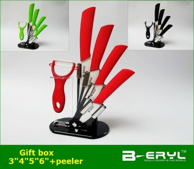 BERLY 6pcs gift set , 3"+4"+5"+6"+peeler+Knife holder Ceramic Knife sets 3 colors straight handle,white blade, CE FDA certified
