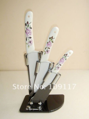 Ceramic Kithen Knife Set 3"+5"+7"+ Acrylic Knife Block Chinese rose ceramic handle CerSharp's