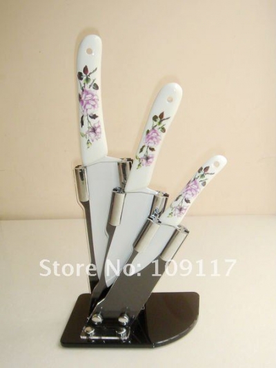 Ceramic Kithen Knife Set 3"+5"+7"+ Acrylic Knife Block Chinese rose ceramic handle CerSharp's [Ceramic Knife 13|]