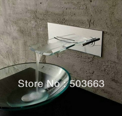 Chrome Square Bath Bathroom Wall Mounted Clear Glass Tray Waterfall Faucet S-585