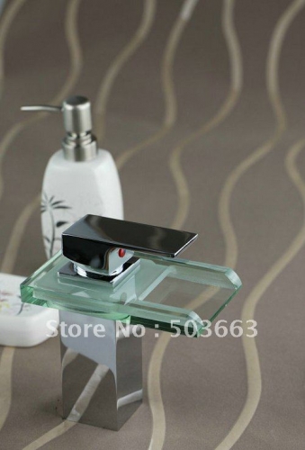 Deck Mounted Waterfall Block Glass Bathroom Sink Basin Mix Tap Faucet CM0263